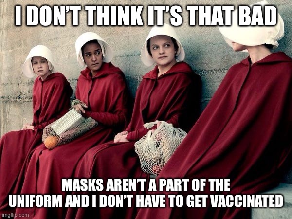 Handmaid's Tale | I DON’T THINK IT’S THAT BAD; MASKS AREN’T A PART OF THE UNIFORM AND I DON’T HAVE TO GET VACCINATED | image tagged in handmaid's tale | made w/ Imgflip meme maker