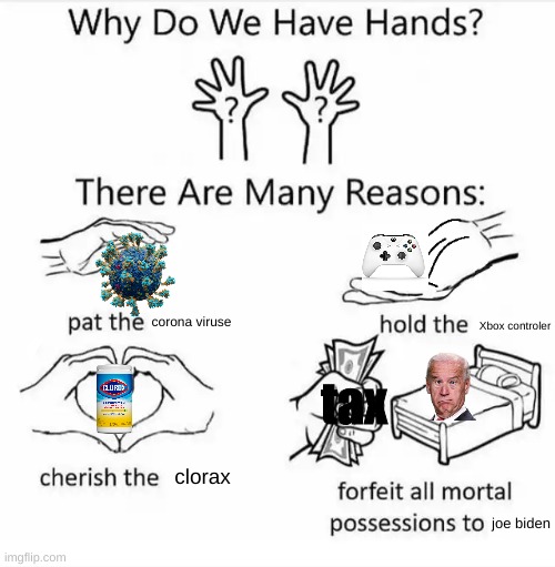 Why do we have hands? (all blank) | corona viruse; Xbox controler; tax; clorax; joe biden | image tagged in why do we have hands all blank,corona virus | made w/ Imgflip meme maker