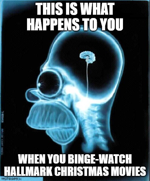 D'oh not say you weren't warned | THIS IS WHAT HAPPENS TO YOU; WHEN YOU BINGE-WATCH HALLMARK CHRISTMAS MOVIES | image tagged in homer simpson x-ray,hallmark,christmas movie,brain,binge-watch | made w/ Imgflip meme maker