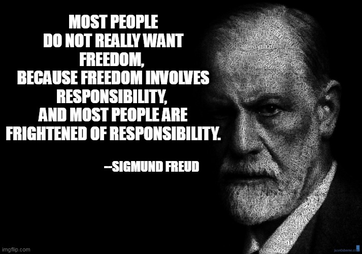 Freud on Freedom | MOST PEOPLE DO NOT REALLY WANT FREEDOM, 
BECAUSE FREEDOM INVOLVES RESPONSIBILITY, 
AND MOST PEOPLE ARE FRIGHTENED OF RESPONSIBILITY. --SIGMUND FREUD | image tagged in sigmund freud | made w/ Imgflip meme maker