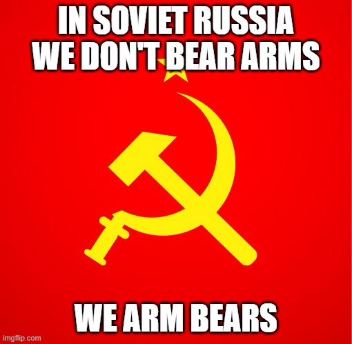 soviet union | IN SOVIET RUSSIA WE DON'T BEAR ARMS; WE ARM BEARS | image tagged in soviet union | made w/ Imgflip meme maker