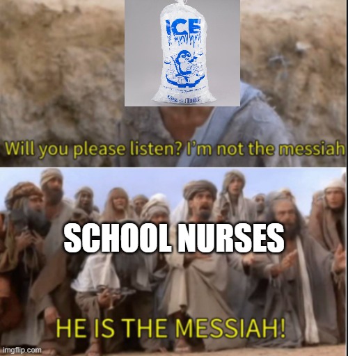 I have seen these memes all over imgflip, so i thought i could make my own | SCHOOL NURSES | image tagged in messiah,never gonna give you up,never gonna let you down | made w/ Imgflip meme maker