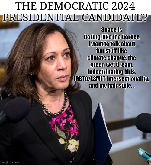 The Democratic 2024 Presidential Candidate... | Space is boring, like the border.
I want to talk about fun stuff like climate change, the green wet dream, indoctrinating kids, LGBTQ/LSMFT intersectionality, 
and my hair style... THE DEMOCRATIC 2024 PRESIDENTIAL CANDIDATE? | image tagged in kamala harris,hyena,open borders,liberal agenda,illegal immigration,voter fraud | made w/ Imgflip meme maker