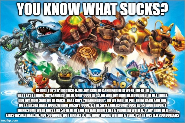 Like, how isn't the last place Skylanders were cheap (because now they cost 50$ for 1 thing) bad when it 1$? | YOU KNOW WHAT SUCKS? BEFORE TOY'S R' US CLOSED, ME, MY BROTHER AND PARENTS WENT THERE TO GET 1 LAST THING. SKYLANDERS THERE ONLY COSTED 1$. ME AND MY BROTHER DECIDED TO GET THREE BUT MY MOM SAID NO BECAUSE THAT ISN'T "MEANINGFUL", SO WE HAD TO PUT THEM BACK AND SHE GOT A BASKETBALL HOOP, WHICH WASN'T COOL. 1. THE SKYLANDERS ONLY COSTED 1$ EACH (HECK, I THINK SOME WERE ONLY LIKE 50 CENTS) AND MY DAD DIDN'T SEE A PROBLEM WITH IT. 2. MY BROTHER LIKES BASKETBALL, ME NOT SO MUCH. BUT FINALLY 3. THE HOOP BROKE WITHIN A YEAR, PSA IT COSTED 200 DOLLARS | image tagged in skylander | made w/ Imgflip meme maker