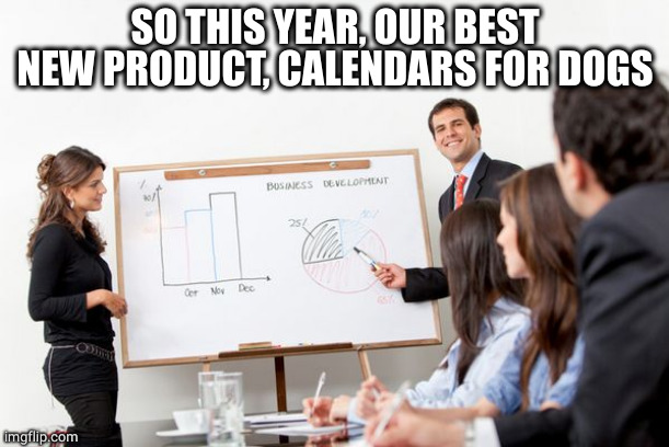 business presentation | SO THIS YEAR, OUR BEST NEW PRODUCT, CALENDARS FOR DOGS | image tagged in business presentation | made w/ Imgflip meme maker