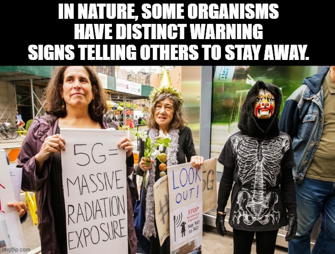 Biology 101 | IN NATURE, SOME ORGANISMS HAVE DISTINCT WARNING SIGNS TELLING OTHERS TO STAY AWAY. | image tagged in 5g,conspiracy theories | made w/ Imgflip meme maker