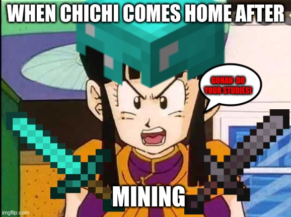 chichi |  WHEN CHICHI COMES HOME AFTER; GOHAN  DO YOUR STUDIES! MINING | image tagged in dbz meme | made w/ Imgflip meme maker