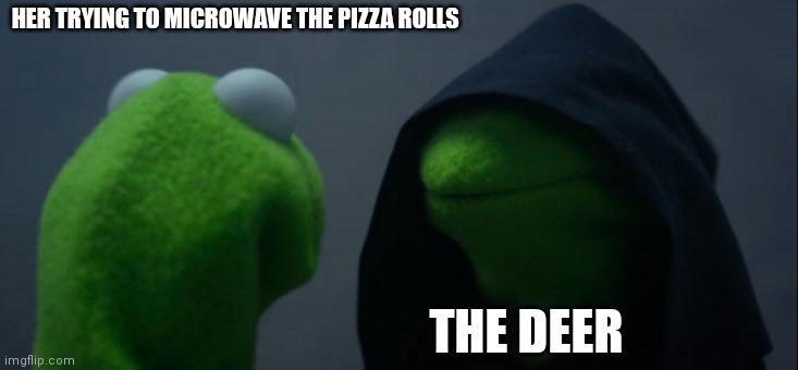 Evil Kermit Meme | HER TRYING TO MICROWAVE THE PIZZA ROLLS THE DEER | image tagged in memes,evil kermit | made w/ Imgflip meme maker