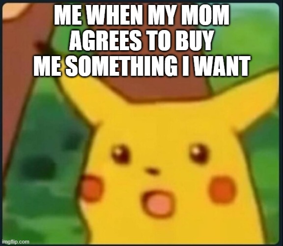 When your mom agrees | ME WHEN MY MOM AGREES TO BUY ME SOMETHING I WANT | image tagged in surprised pikachu | made w/ Imgflip meme maker