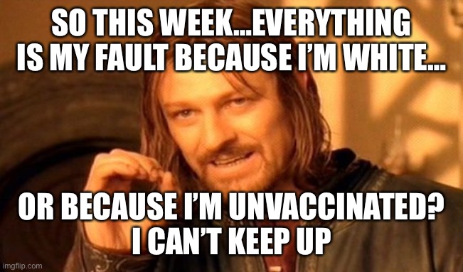 One Does Not Simply | SO THIS WEEK…EVERYTHING IS MY FAULT BECAUSE I’M WHITE…; OR BECAUSE I’M UNVACCINATED?
I CAN’T KEEP UP | image tagged in memes,one does not simply | made w/ Imgflip meme maker