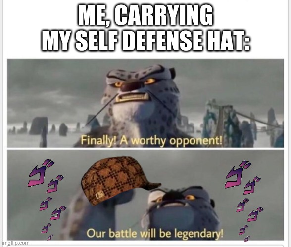 Finally! A worthy opponent! | ME, CARRYING MY SELF DEFENSE HAT: | image tagged in finally a worthy opponent | made w/ Imgflip meme maker