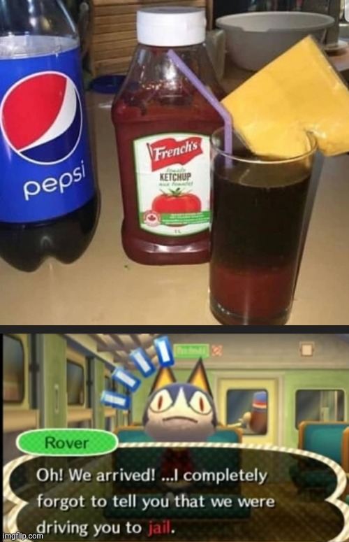 Who would mix pepsi and ketchup | image tagged in were going to jail,animal crossing,cursed image | made w/ Imgflip meme maker
