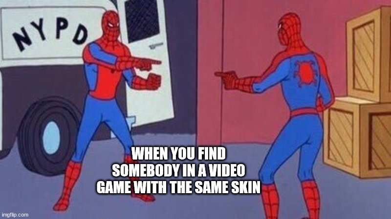 spiderman pointing at spiderman | WHEN YOU FIND SOMEBODY IN A VIDEO GAME WITH THE SAME SKIN | image tagged in spiderman pointing at spiderman | made w/ Imgflip meme maker