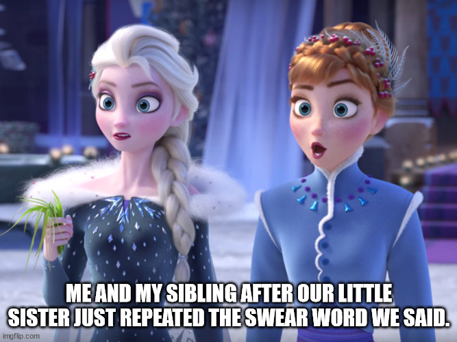 Elsa and Anna SHOCKED! | ME AND MY SIBLING AFTER OUR LITTLE SISTER JUST REPEATED THE SWEAR WORD WE SAID. | image tagged in elsa and anna shocked | made w/ Imgflip meme maker