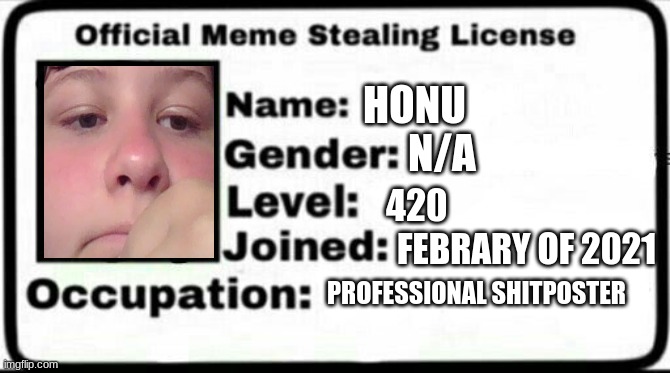 Meme Stealing License | HONU; N/A; 420; FEBRARY OF 2021; PROFESSIONAL SHITPOSTER | image tagged in meme stealing license | made w/ Imgflip meme maker