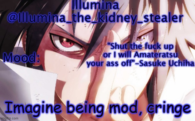 for political reasons, this is a joke | Imagine being mod, cringe | image tagged in illumina sasuke temp 2 | made w/ Imgflip meme maker
