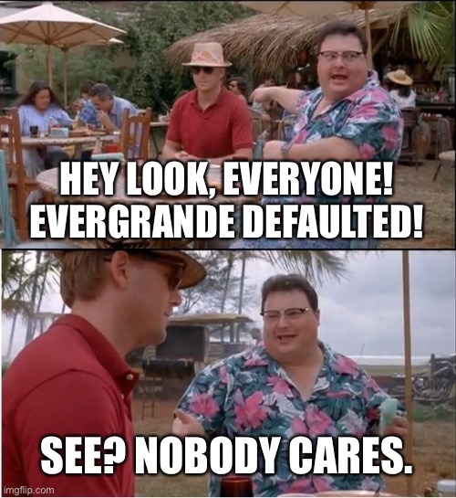 See Nobody Cares Meme | HEY LOOK, EVERYONE! EVERGRANDE DEFAULTED! SEE? NOBODY CARES. | image tagged in memes,see nobody cares | made w/ Imgflip meme maker