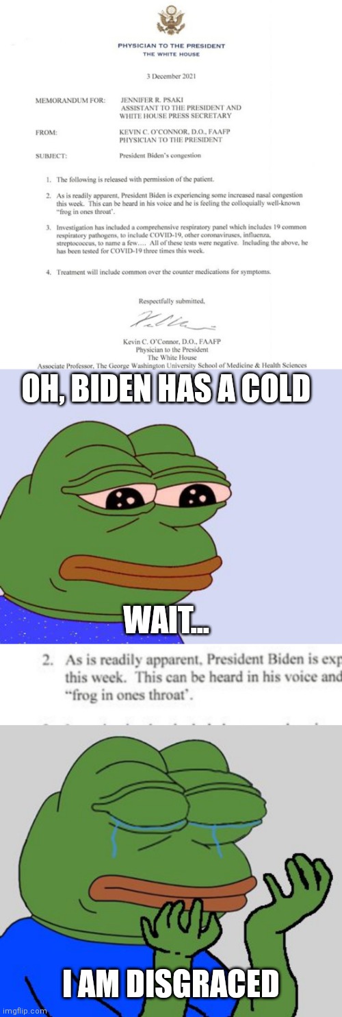Poor PePe | OH, BIDEN HAS A COLD; WAIT... I AM DISGRACED | image tagged in pepe the frog,pepe cry,biden,democrats,joe biden | made w/ Imgflip meme maker