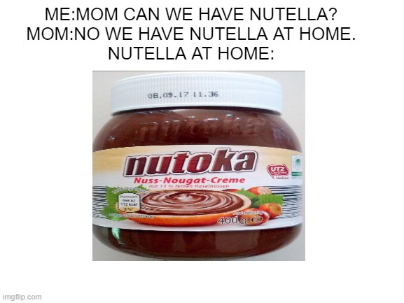 deeznutella | ME:MOM CAN WE HAVE NUTELLA?
MOM:NO WE HAVE NUTELLA AT HOME.
NUTELLA AT HOME: | image tagged in nutella,ripoff | made w/ Imgflip meme maker