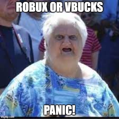 Rov  (Robux or Vbucks) | ROBUX OR VBUCKS; PANIC! | image tagged in funny memes,memes | made w/ Imgflip meme maker