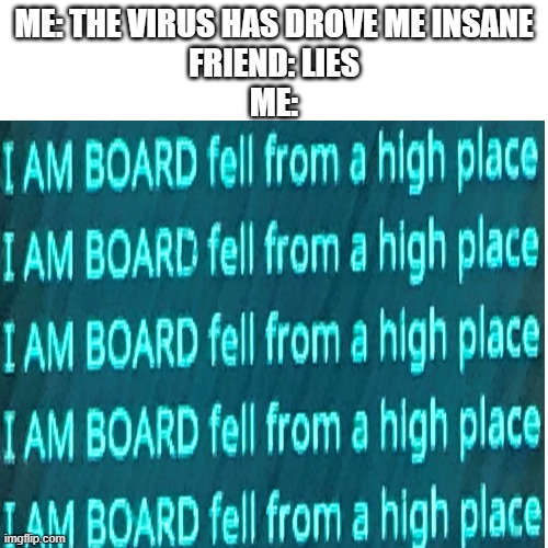 I AM BOARD | ME: THE VIRUS HAS DROVE ME INSANE
FRIEND: LIES
ME: | image tagged in minecraft | made w/ Imgflip meme maker