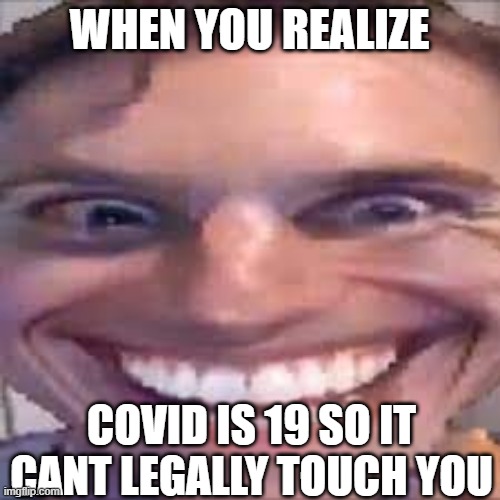 e | WHEN YOU REALIZE; COVID IS 19 SO IT CANT LEGALLY TOUCH YOU | image tagged in covid-19 | made w/ Imgflip meme maker