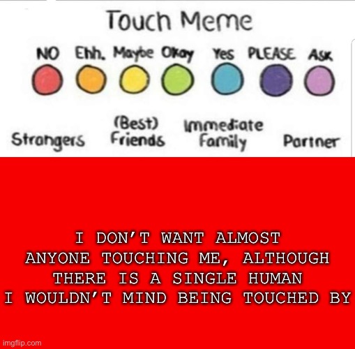 Because Why Not? Pt. 12 | I DON’T WANT ALMOST ANYONE TOUCHING ME, ALTHOUGH THERE IS A SINGLE HUMAN I WOULDN’T MIND BEING TOUCHED BY | made w/ Imgflip meme maker