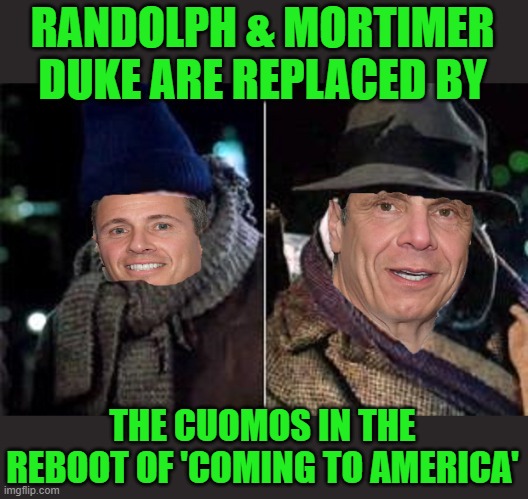 Down and out in NYC | RANDOLPH & MORTIMER DUKE ARE REPLACED BY; THE CUOMOS IN THE REBOOT OF 'COMING TO AMERICA' | image tagged in coumos,fredo,andrew,chris,unemployed | made w/ Imgflip meme maker