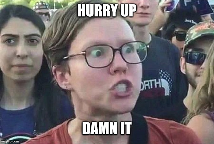 Triggered Liberal | HURRY UP DAMN IT | image tagged in triggered liberal | made w/ Imgflip meme maker