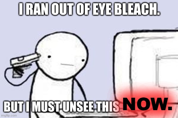 Computer Suicide | I RAN OUT OF EYE BLEACH. BUT I MUST UNSEE THIS NOW. | image tagged in computer suicide | made w/ Imgflip meme maker