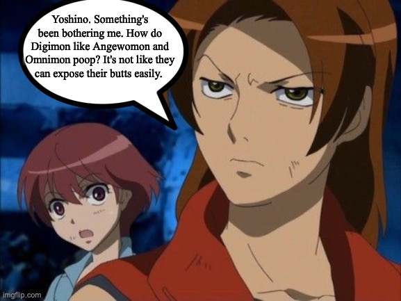 Yoshino. Something's been bothering me. How do Digimon like Angewomon and Omnimon poop? It's not like they can expose their butts easily. | image tagged in digimon | made w/ Imgflip meme maker