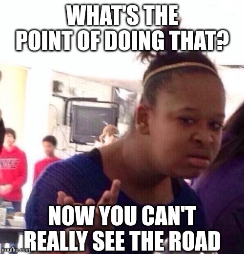 Black Girl Wat Meme | WHAT'S THE POINT OF DOING THAT? NOW YOU CAN'T REALLY SEE THE ROAD | image tagged in memes,black girl wat | made w/ Imgflip meme maker