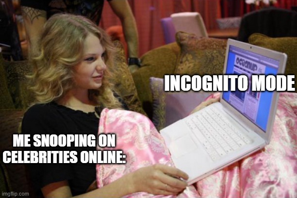 Taylor Swift on Computer | INCOGNITO MODE; ME SNOOPING ON CELEBRITIES ONLINE: | image tagged in taylor swift on computer,google search,celebrities | made w/ Imgflip meme maker