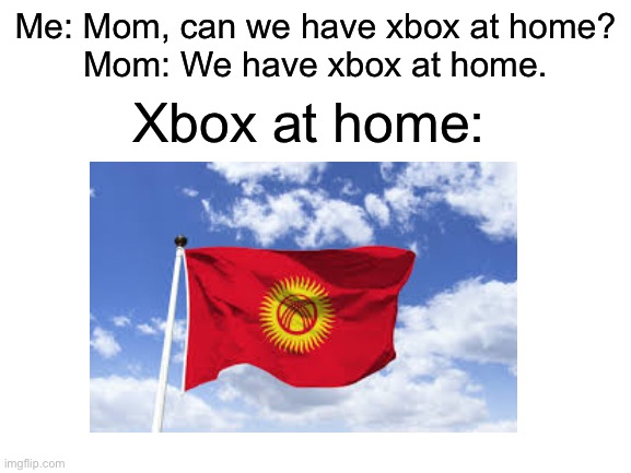 Kyrgyzstan flag xbox keme | Me: Mom, can we have xbox at home?
Mom: We have xbox at home. Xbox at home: | image tagged in country,nerdy | made w/ Imgflip meme maker
