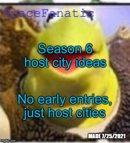 Ye Olde Announcements | Season 6 host city ideas; No early entries, just host cities | image tagged in spacefanatic announcement temp | made w/ Imgflip meme maker