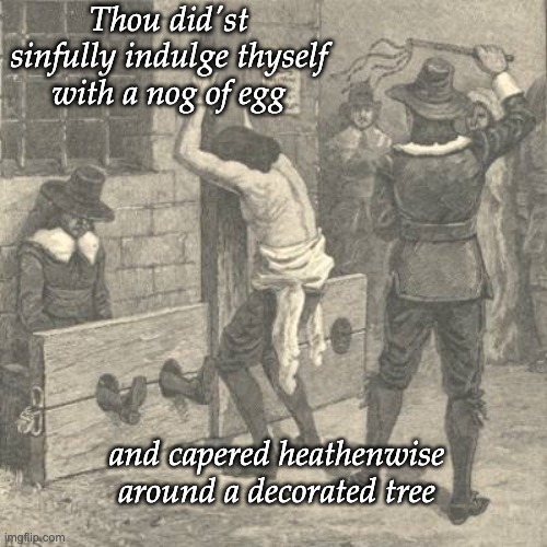 Puritans  | Thou did'st sinfully indulge thyself with a nog of egg and capered heathenwise around a decorated tree | image tagged in puritans | made w/ Imgflip meme maker