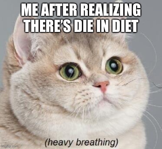 ME AFTER REALIZING THERE’S DIE IN DIET | image tagged in memes,heavy breathing cat | made w/ Imgflip meme maker