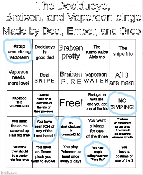 i have seen r34 for 2 of the 3 and i hated it | image tagged in decidueye braixen vaporeon bingo | made w/ Imgflip meme maker