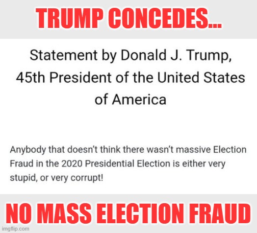 Trump inadvertently admits no mass fraud occured in double negative statement | TRUMP CONCEDES... NO MASS ELECTION FRAUD | image tagged in trump,election 2020,the big lie,gop scam,grammer | made w/ Imgflip meme maker