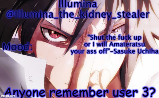 If you know, you know | Anyone remember user 3? | image tagged in illumina sasuke temp 2 | made w/ Imgflip meme maker