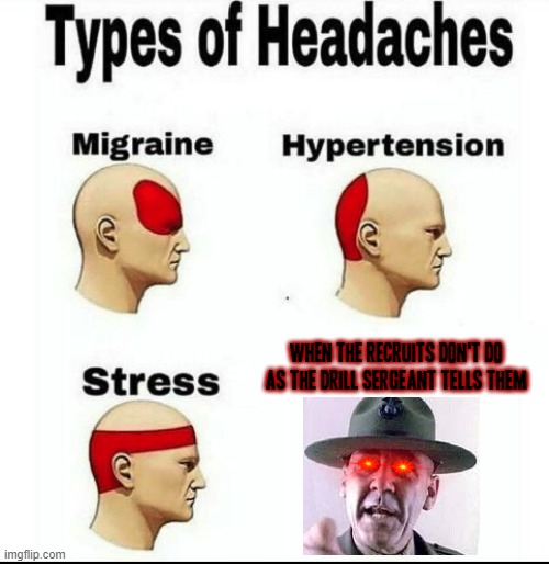 Just do as the drill sergeant says when you're joining the army it's as simple as that | when the recruits don't do as the drill sergeant tells them | image tagged in types of headaches meme,memes,drill sergeant,savage memes | made w/ Imgflip meme maker