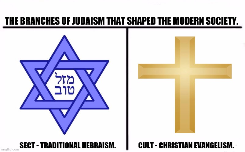 Who Would Win Blank | THE BRANCHES OF JUDAISM THAT SHAPED THE MODERN SOCIETY. SECT - TRADITIONAL HEBRAISM.                CULT - CHRISTIAN EVANGELISM. | image tagged in memes,abrahamic religions,judaism | made w/ Imgflip meme maker