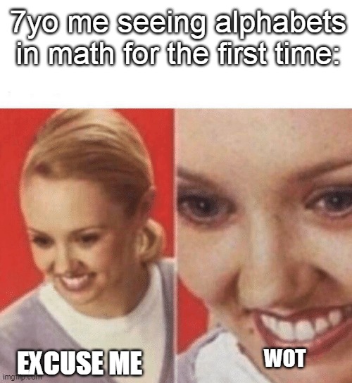 7yo me | 7yo me seeing alphabets in math for the first time:; WOT; EXCUSE ME | image tagged in face zoom in,math,alphabets,confused | made w/ Imgflip meme maker