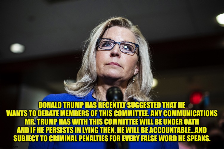 Debate?  Really, Donnie? | DONALD TRUMP HAS RECENTLY SUGGESTED THAT HE WANTS TO DEBATE MEMBERS OF THIS COMMITTEE. ANY COMMUNICATIONS MR. TRUMP HAS WITH THIS COMMITTEE WILL BE UNDER OATH AND IF HE PERSISTS IN LYING THEN, HE WILL BE ACCOUNTABLE...AND SUBJECT TO CRIMINAL PENALTIES FOR EVERY FALSE WORD HE SPEAKS. | image tagged in liz cheney | made w/ Imgflip meme maker
