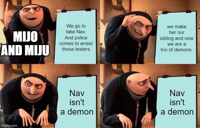 Nav's an elf- NOT DEMON | We go to take Nav. And police comes to arrest those testers; we make her our sibling and now we are a trio of demons; MIJO AND MIJU; Nav isn't a demon; Nav isn't a demon | made w/ Imgflip meme maker