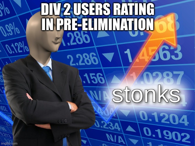 stonks | DIV 2 USERS RATING IN PRE-ELIMINATION | image tagged in stonks | made w/ Imgflip meme maker