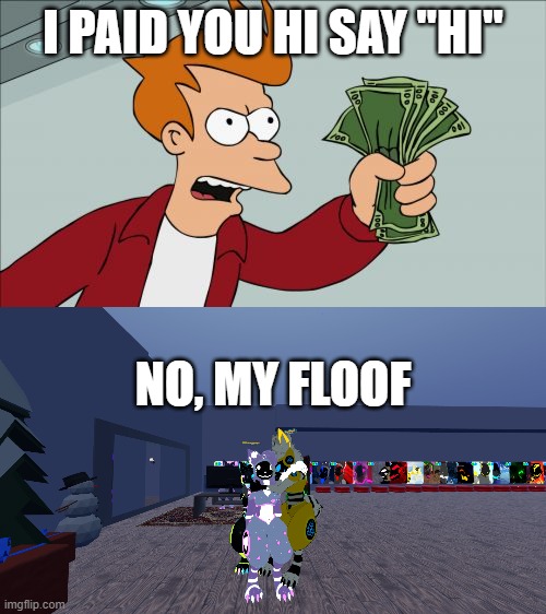 floof | I PAID YOU HI SAY "HI"; NO, MY FLOOF | image tagged in memes,shut up and take my money fry | made w/ Imgflip meme maker