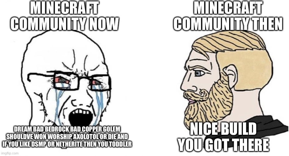 Wish we could go back to the golden days | MINECRAFT COMMUNITY NOW; MINECRAFT COMMUNITY THEN; DREAM BAD BEDROCK BAD COPPER GOLEM SHOULDVE WON WORSHIP AXOLOTOL OR DIE AND IF YOU LIKE DSMP OR NETHERITE THEN YOU TODDLER; NICE BUILD YOU GOT THERE | image tagged in crying wojak vs chad | made w/ Imgflip meme maker