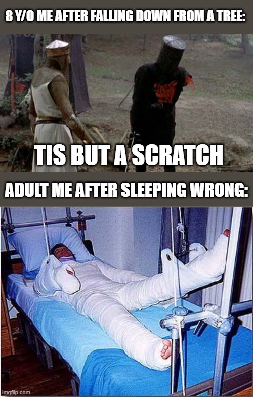 scratch | 8 Y/O ME AFTER FALLING DOWN FROM A TREE:; TIS BUT A SCRATCH; ADULT ME AFTER SLEEPING WRONG: | image tagged in tis but a scratch,hospital | made w/ Imgflip meme maker