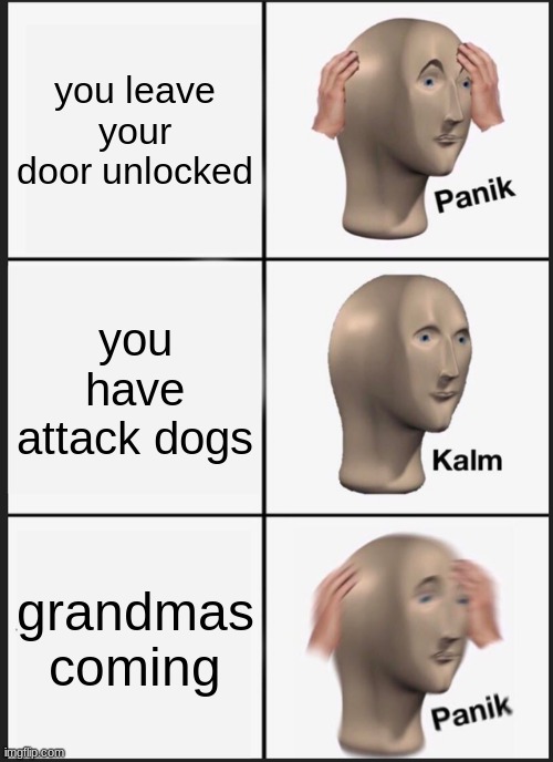 Panik Kalm Panik | you leave your door unlocked; you have attack dogs; grandmas coming | image tagged in memes,panik kalm panik | made w/ Imgflip meme maker